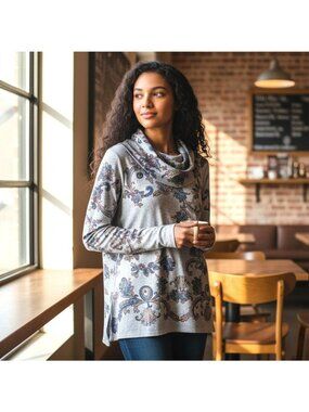 Floral Cowl Neck Long Sleeve Tunic Top With Beaded Embellishments Gray/Blue Wome